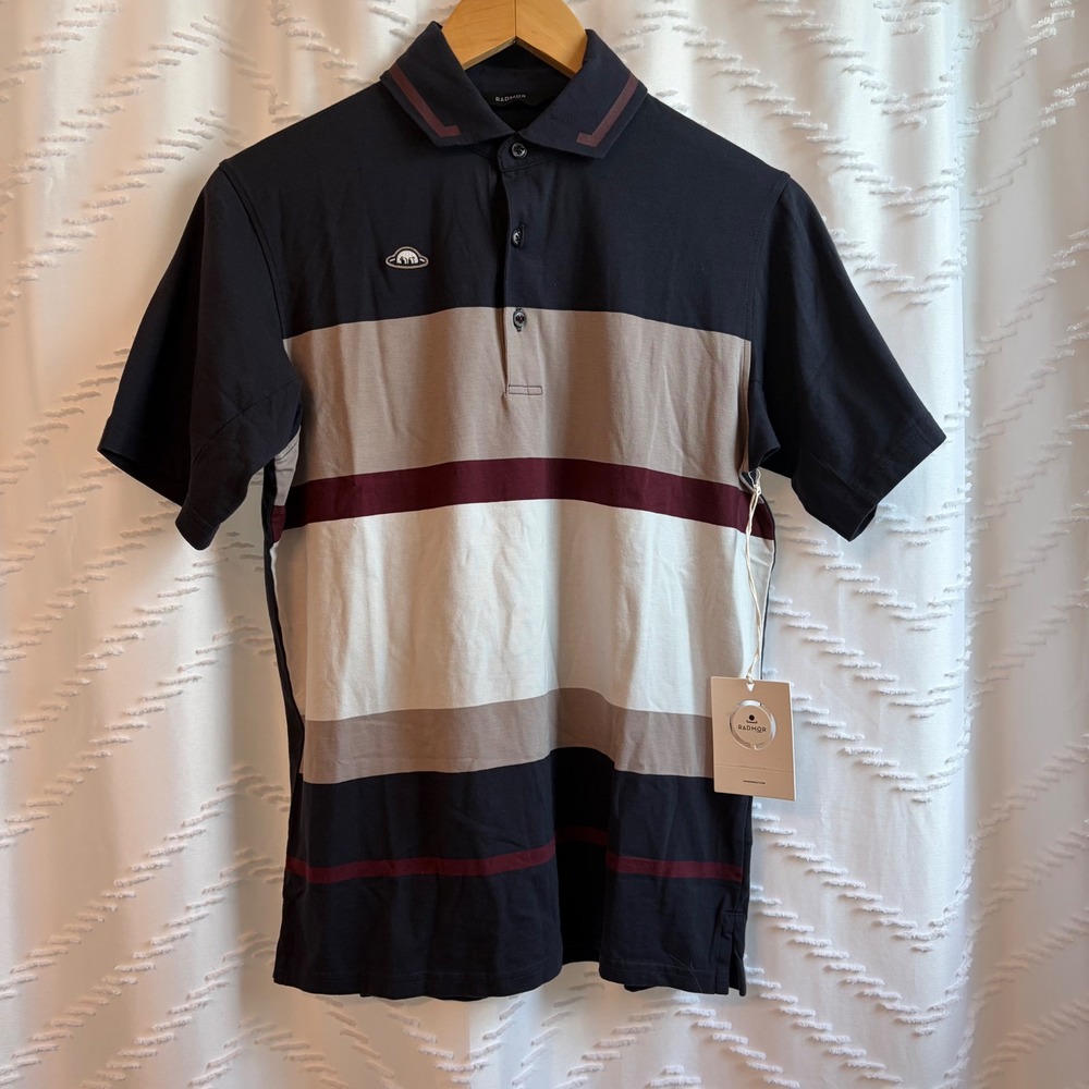 Radmor Mens Pima Cotton Stretch Golf Polo Shirt Navy Tan Striped XS NWT